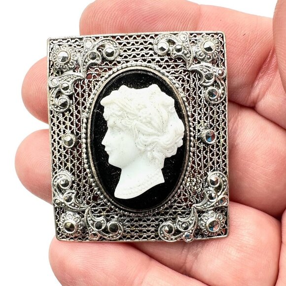 Antique Vintage CZECH Womens Pin Sterling Silver Shell Cameo Brooch - Picture 4 of 5